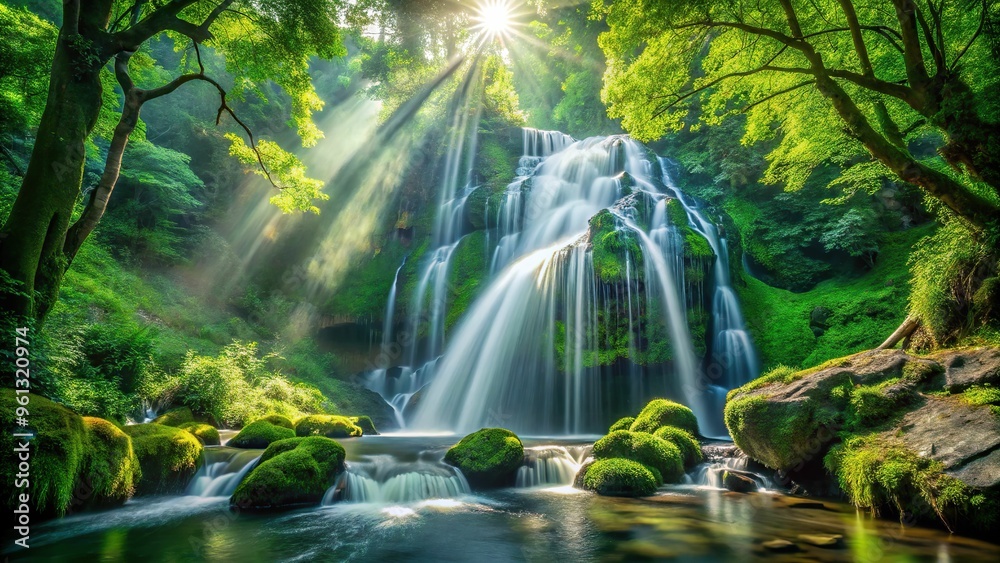 A majestic waterfall, cascading down moss-covered rocks, surrounded by lush emerald foliage, and illuminated by dappled sunlight filtering through the trees. A majestic waterfall, cascading down moss-covered rocks, surrounded by lush emerald foliage, and illuminated by dappled sunlight filtering through the trees.