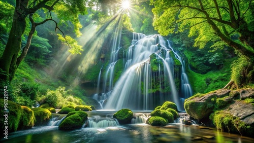 A majestic waterfall  cascading down moss-covered rocks  surrounded by lush emerald foliage  and illuminated by dappled sunlight filtering through the trees.