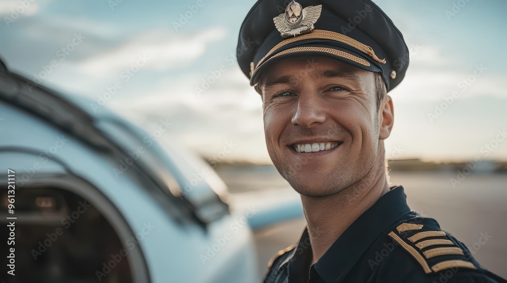Smiling Pilot in Uniform Standing Beside Airplane on Sunny Day at Airport Smiling Pilot in Uniform Standing Beside Airplane on Sunny Day at Airport