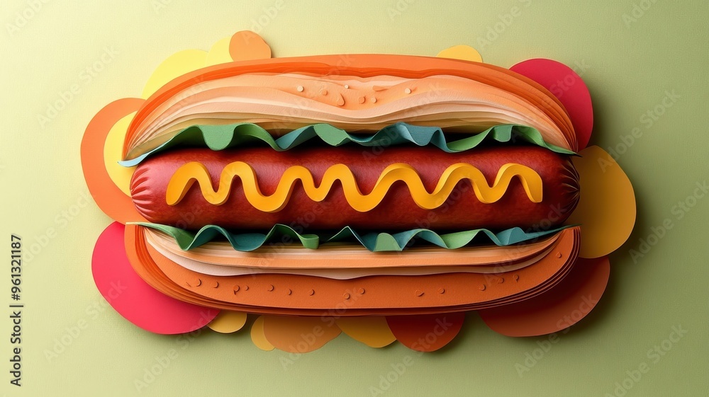 A vibrant paper art-style hot dog illustration with intricate details and colorful textures. A vibrant paper art-style hot dog illustration with intricate details and colorful textures.