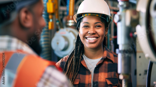 Young mixed race black african american female construction builder industrial factory worker electrician apprenticeship student on work placement, copy space 