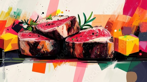 An abstract illustration of steak, focusing on shapes and colors rather than realism. photo