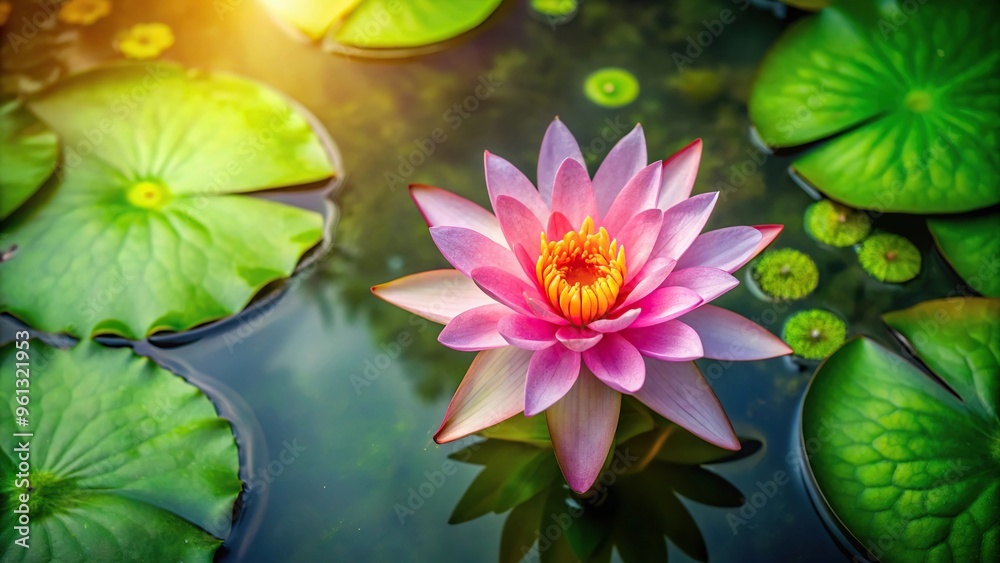 Bird's eye view of a lotus flower floating in a pool with a blurred ...