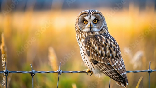 Bird's eye view of a short eared owl perched on a wire fence in wetland pastures. photo