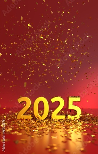 happy new year 2025 confetti - depth of field effect - happy new year card - vertical format photo