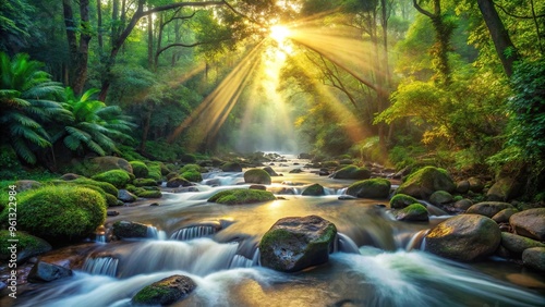 Bird's eye view of forest creek at dawn with sunbeams, smooth rocks, flowing water, and lush green vegetation photo