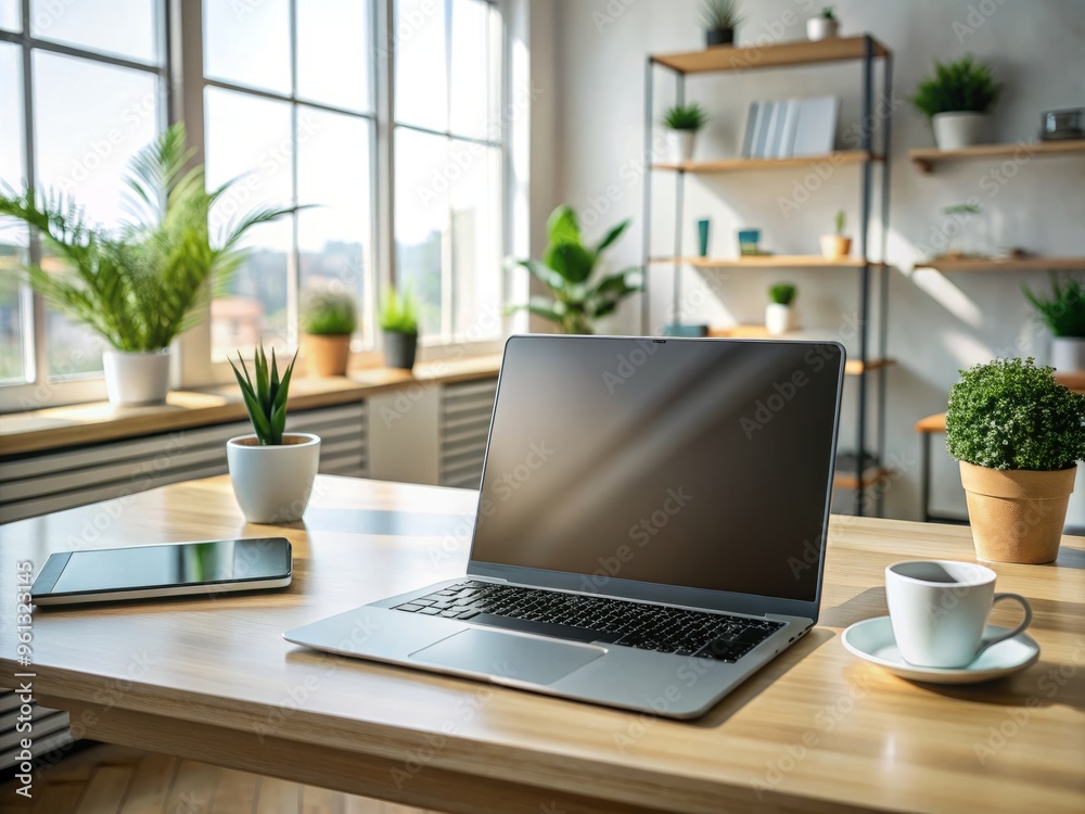A modern laptop with thin bezels and a large display stretches across the uncluttered desk, surrounded by a A modern laptop with thin bezels and a large display stretches across the uncluttered desk, surrounded by a