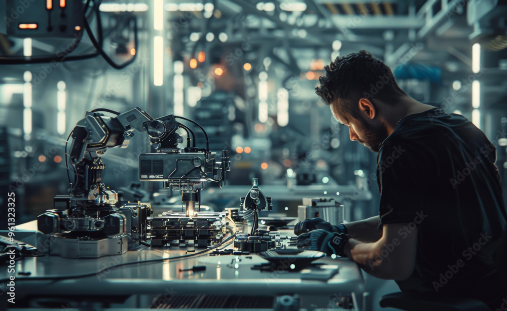 Engineer working on robotic assembly in a modern factory setting. A skilled engineer focuses intensely on assembling robotic parts in a high-tech factory Engineer working on robotic assembly in a modern factory setting. A skilled engineer focuses intensely on assembling robotic parts in a high-tech factory