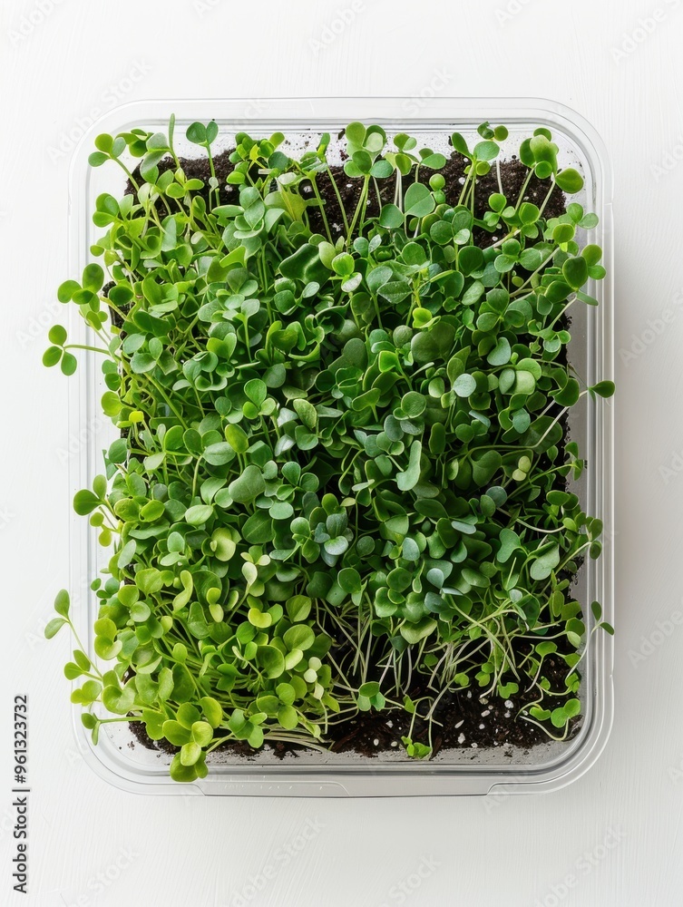 A tray of microgreens, growing in soil, top-down, white background A tray of microgreens, growing in soil, top-down, white background