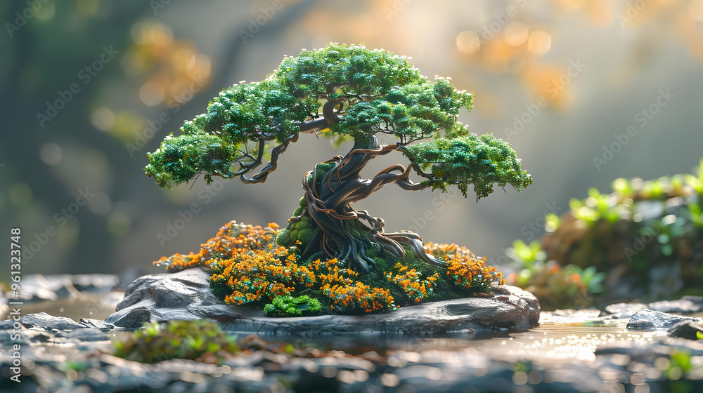 Bonsai Tree Illustration with Green Leaves and Moss Bonsai Tree Illustration with Green Leaves and Moss