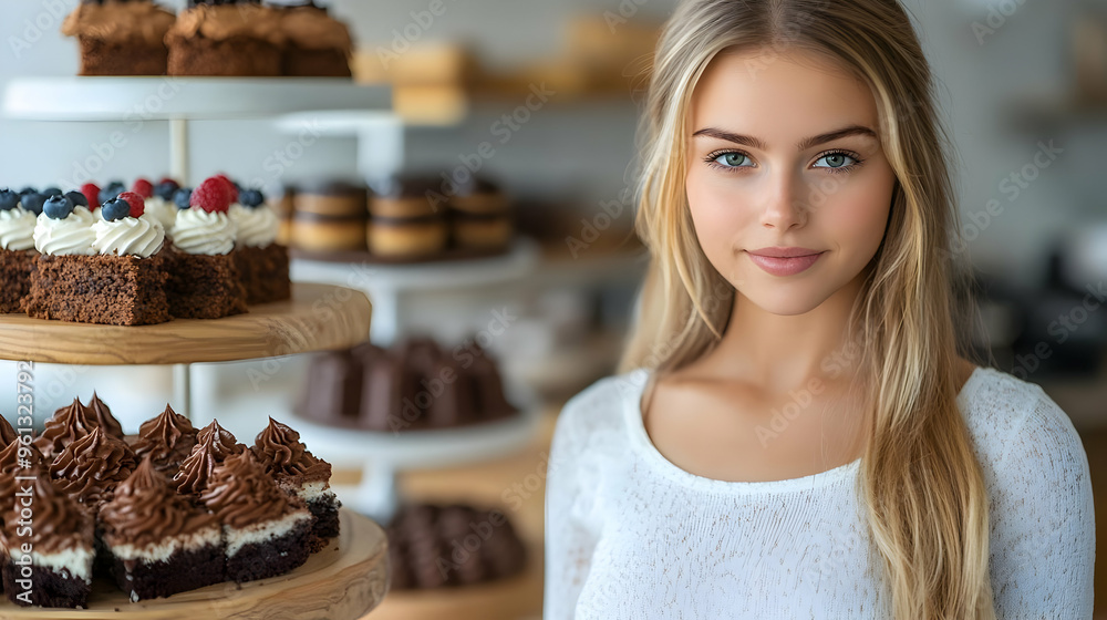 A young woman stands beside an assortment of delicious desserts. A young woman stands beside an assortment of delicious desserts.