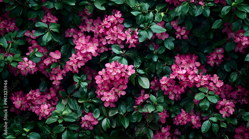 Blossoms in shades of magenta create a striking contrast against lush greenery Blossoms in shades of magenta create a striking contrast against lush greenery
