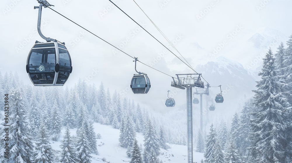Obraz premium A ski lift is climbing up a snowcovered mountain area with trees