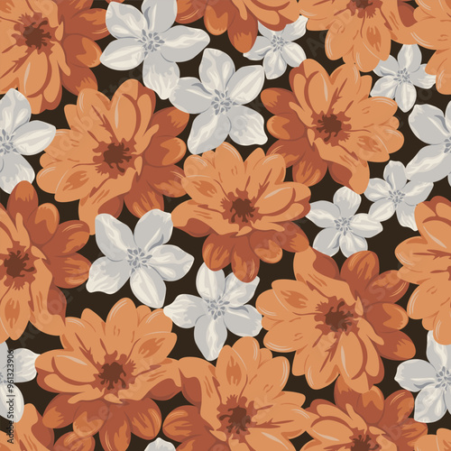 Orange and White Floral Blossoms Seamless Vector Repeat Pattern