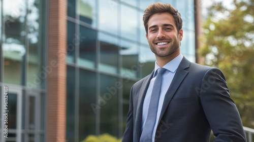 Confident Businessman Smiling Outdoors in Front of Modern Office Building on a Sunny Day