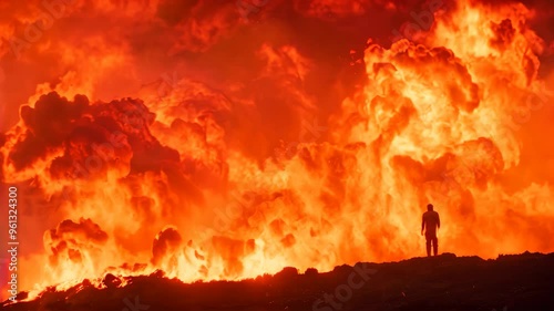 A single person stands silhouetted against a vast, fiery blaze, as flames engulf the landscape, A lone figure silhouetted against the raging fire, helpless to intervene