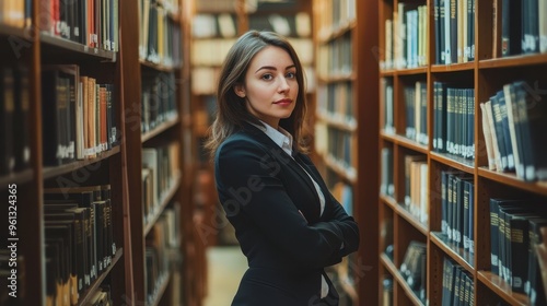 Confident Businesswoman Standing in Library Aisle Surrounded by Bookshelves in Professional Attire