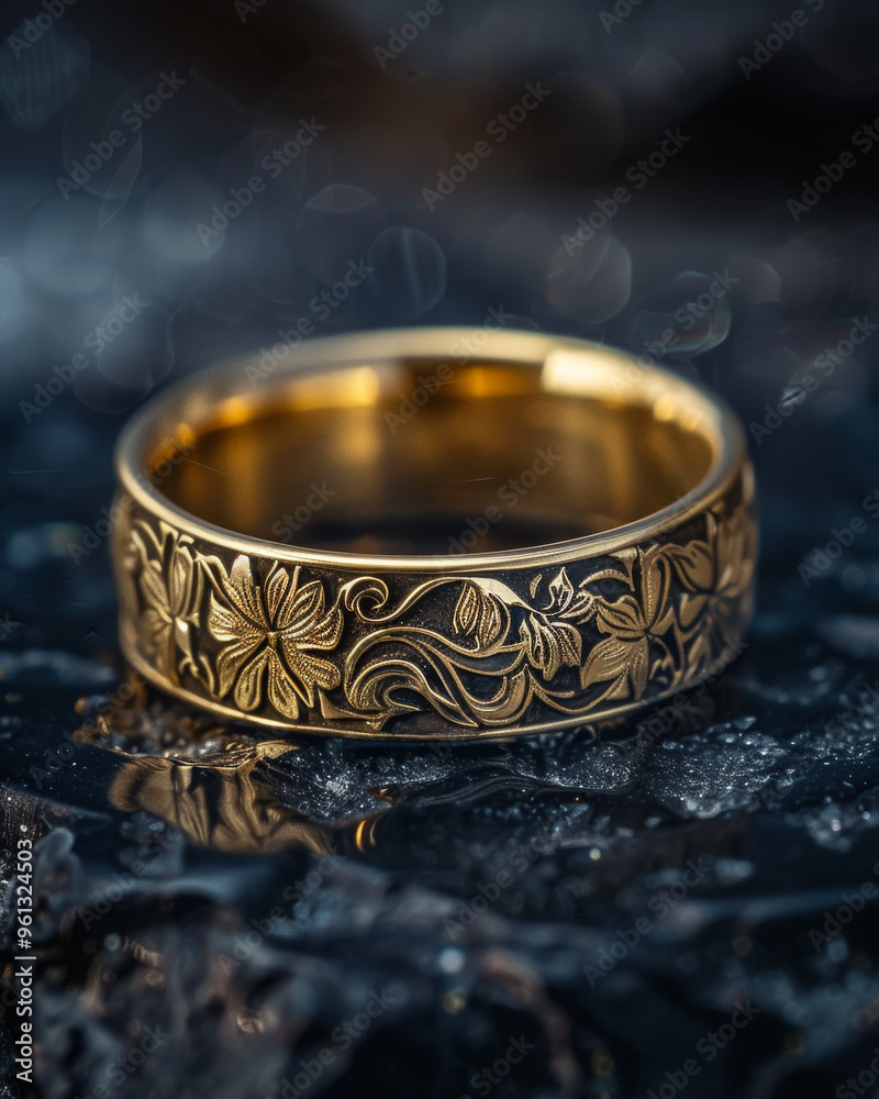 Elegant gold ring with floral engravings placed on textured surface. A beautifully crafted gold ring adorned with intricate floral engravings rests on a dark Elegant gold ring with floral engravings placed on textured surface. A beautifully crafted gold ring adorned with intricate floral engravings rests on a dark
