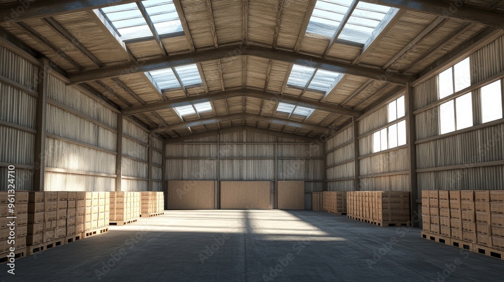 Interior View of Warehouse Filled with Stacked Boxes and Packages