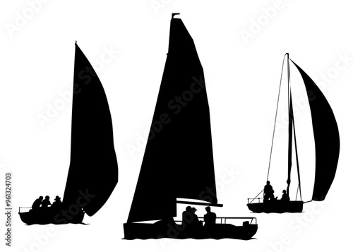 Sports yacht with sail in sea on white background