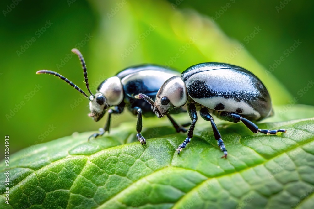 Black and white fairy beetles crawling on lush green leaves from a low angle Black and white fairy beetles crawling on lush green leaves from a low angle