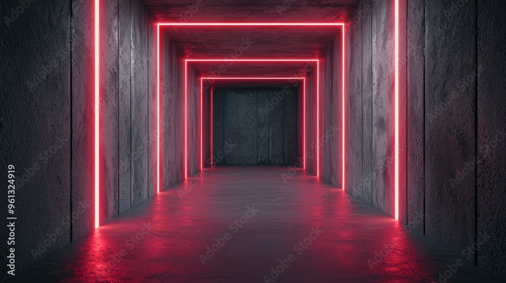 Dark corridor with glowing neon accents, cyberpunk-inspired setting, 3D illustration