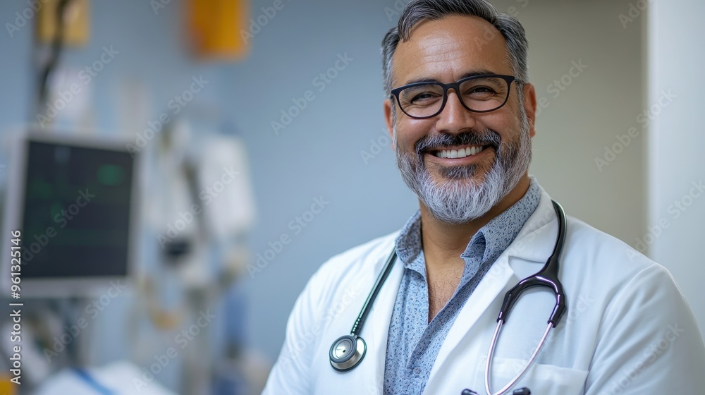 Confident Male Doctor in White Coat with Stethoscope Smiling in Modern Medical Office