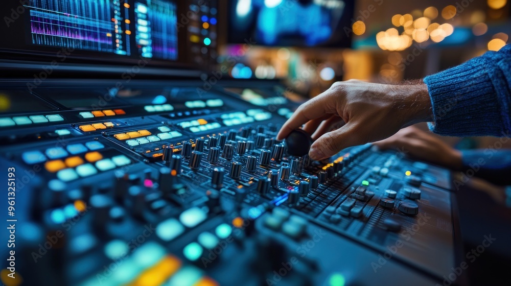 A close-up of a hand adjusting controls on a professional audio mixing console. A close-up of a hand adjusting controls on a professional audio mixing console.