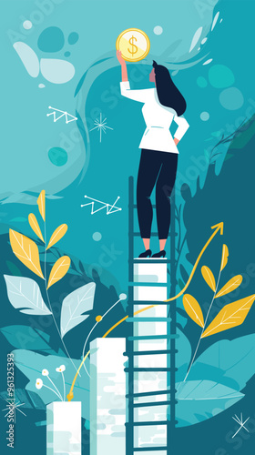 Businesswoman Standing on Ladder Pulling Up Rising Graph to Represent Money Management and Investment Growth Strategies