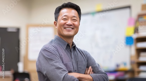 Confident Professional Man Smiling in Office Environment with Arms Crossed