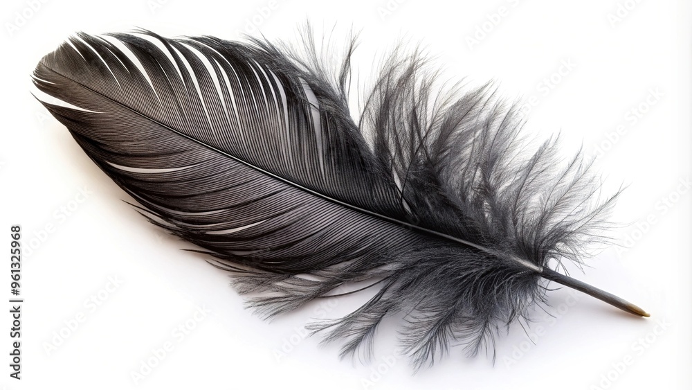 Fototapeta premium Black feather isolated on a white background with forced perspective