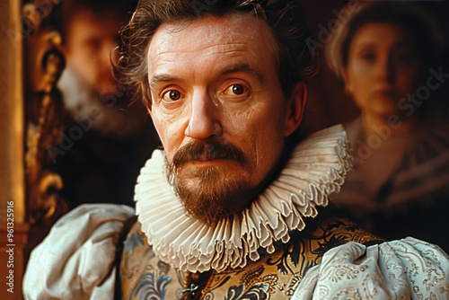 Shakespeare William, Edward de Vere playwright and English writer. author of tragedies, comedies and sonnets. In a gorger in a suit in the theater.