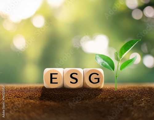 Wooden cubes with ESG icons and green plant symbolizing sustainable investment  photo