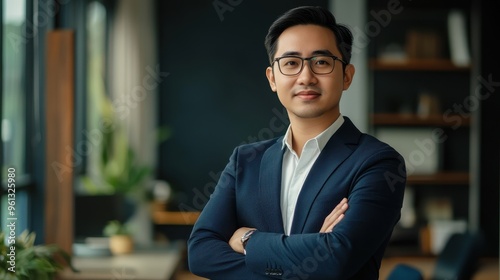 Confident Young Professional in Modern Office Setting with Arms Crossed and Glasses