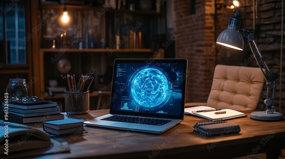 A glowing laptop displays digital world map in a cozy office at night