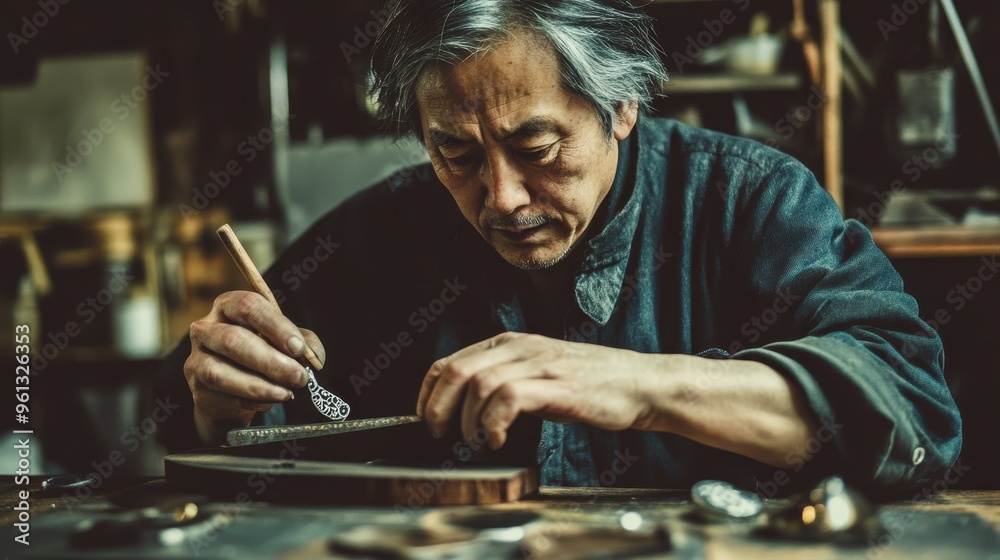 Skilled Artisan Crafting Intricate Designs in a Traditional Workshop Setting Skilled Artisan Crafting Intricate Designs in a Traditional Workshop Setting