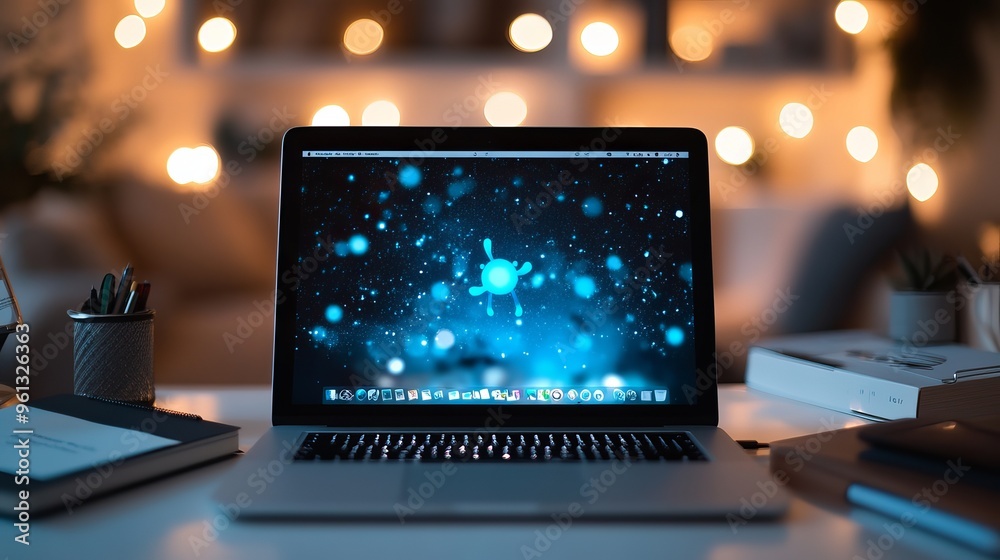 Laptop on a desk with a vibrant blue screensaver during a cozy evening