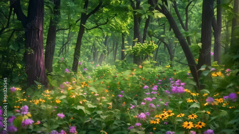 A vibrant forest scene with lush green trees and a carpet of colorful wildflowers, A lush forest filled with vibrant green trees and colorful flowers