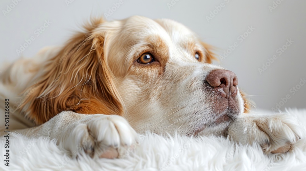 A Close-Up Portrait of a Dog Resting on a Soft White Surface A Close-Up Portrait of a Dog Resting on a Soft White Surface
