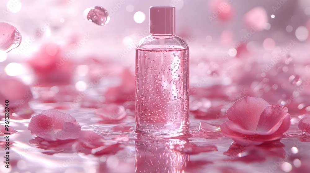 Natural facial toner products photo shoot with rose petals, realistic hyper-detailed rendering, soft pink tones, eye-catching tags, free-flowing lines, cute cartoonish design, water drops Natural facial toner products photo shoot with rose petals, realistic hyper-detailed rendering, soft pink tones, eye-catching tags, free-flowing lines, cute cartoonish design, water drops