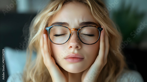 A young woman with glasses, expressing stress or contemplation.