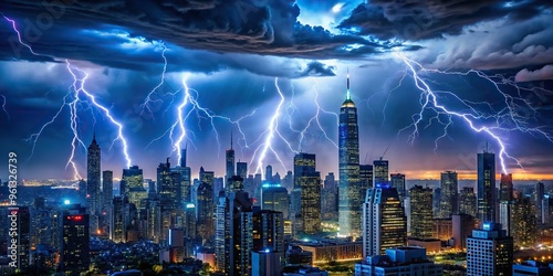 A thunderstorm illuminates the dark cityscape with vibrant bolts of lightning, casting an eerie glow on sleek skyscrapers and bustling streets. photo