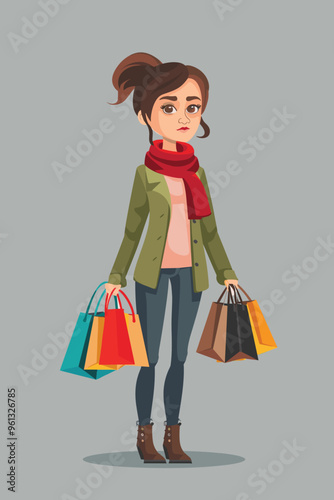 Caucasian Woman with Shopping Addiction Holding Credit Card and Many Boxes, Leading to Bankruptcy and Poverty