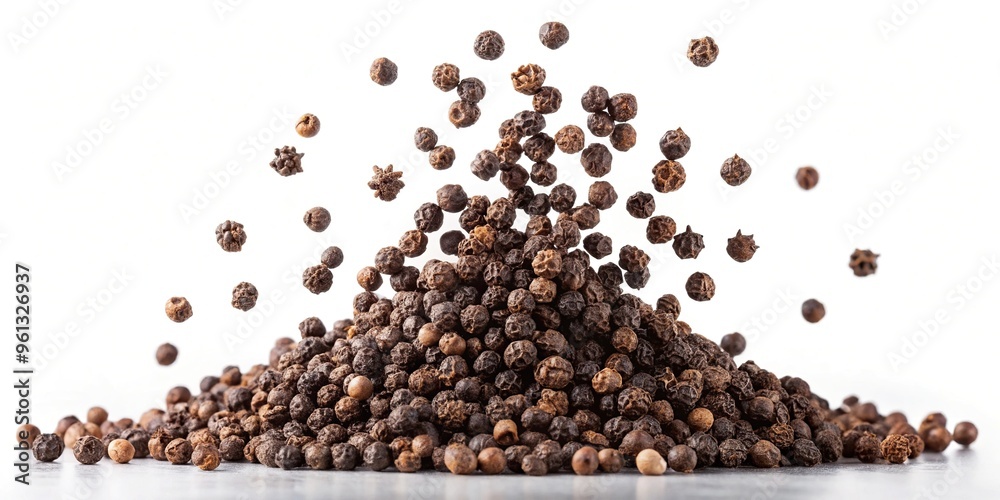Black peppercorns falling on a pile on a white background Isolated Panoramic Black peppercorns falling on a pile on a white background Isolated Panoramic