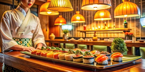 Soft, warm light spills onto a 70s-style sushi counter, adorned with retro decorations, as a server proudly presents a nostalgic platter. photo