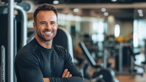 Fit Young Man Smiling Confidently in Modern Gym with Fitness Equipment in Background photo