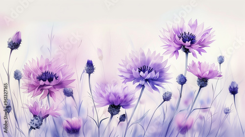 Violet watercolour cornflower knapweed centaurea spring meadow flower illustration. Floral blooming painting