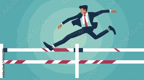 Confident Businessman Jumping Over Hurdles, Overcoming Obstacles to Success