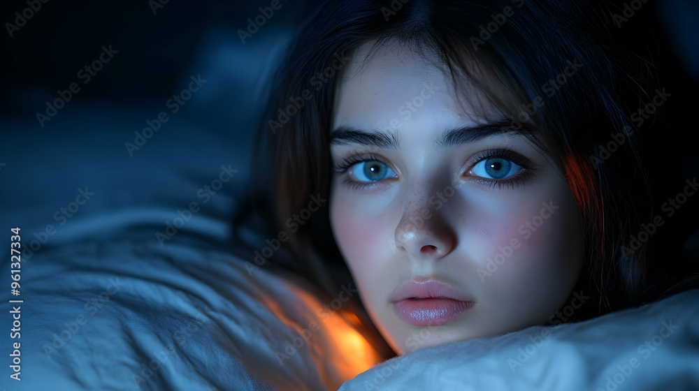 A young woman with striking blue eyes gazes thoughtfully in dim light. A young woman with striking blue eyes gazes thoughtfully in dim light.
