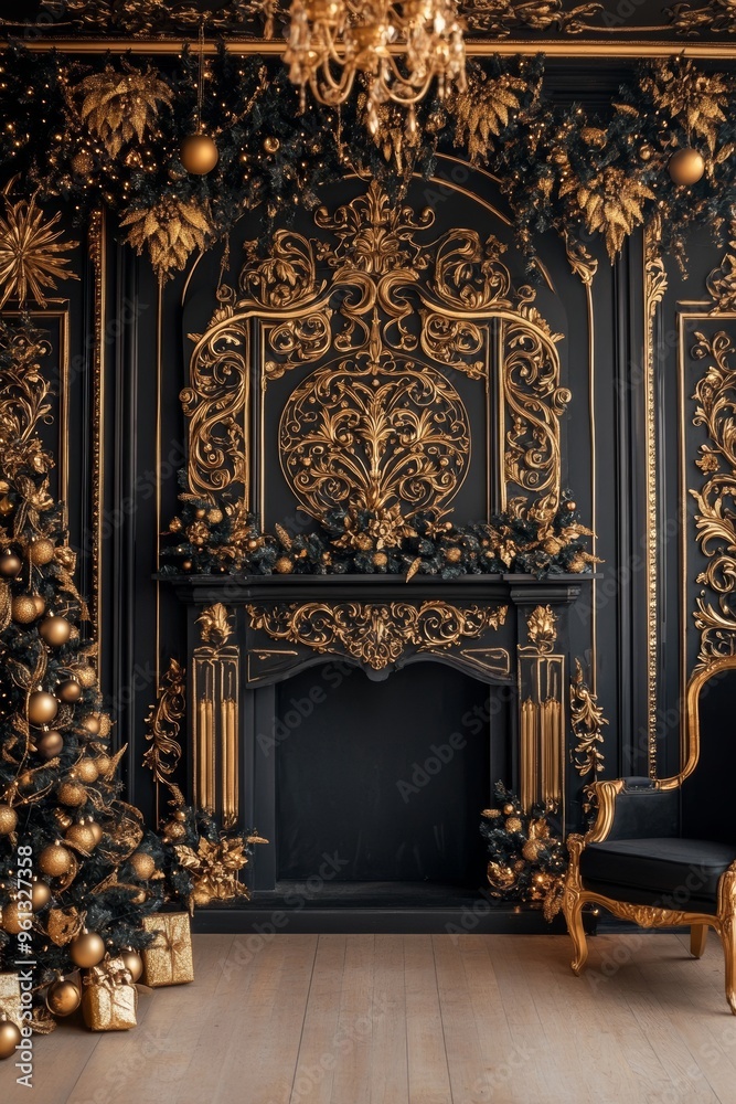 Fototapeta premium Luxurious black and gold interior living room with fireplace, Christmas tree, and gold decorations.